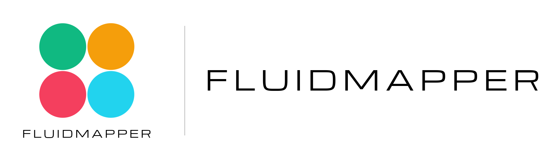 The Fluidmapper logo system Common Ground designed: the four-circle mark in green, orange, red and cyan stacked over the wordmark, and the wordmark on its own. Source: Fluidmapper brand files, 2026.